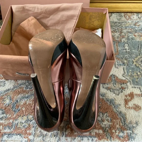 miu miu Capretto Lamina Cammeo metallic rose gold copper open peep toe Mary Jane - Picture 11 of 14
